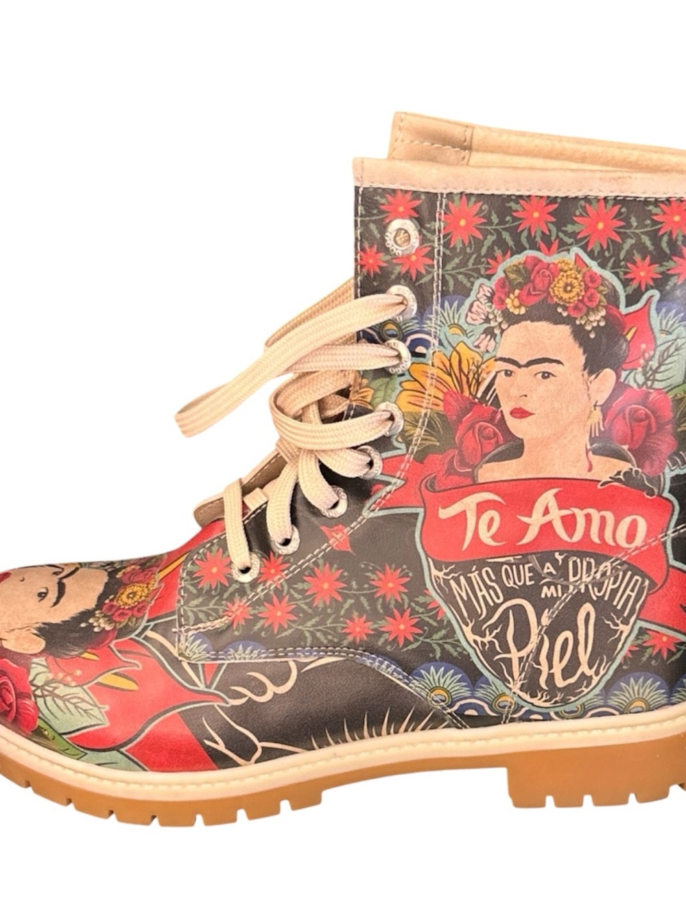 Floral Frida Kahlo Women's Lace-Up Ankle Boots - Beige Laces